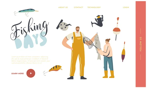 Father and Daughter Characters Fishing Landing Page Template (dalam bahasa Inggris). Fisherman Holding Fish, Outdoor Relaxing Summertime Hobby - Stok Vektor