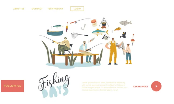 Personaggi Pesca Hobby Landing Page Template. Pescatori sedersi sul molo con Rod Avere buona cattura. Padre con Figlia — Vettoriale Stock