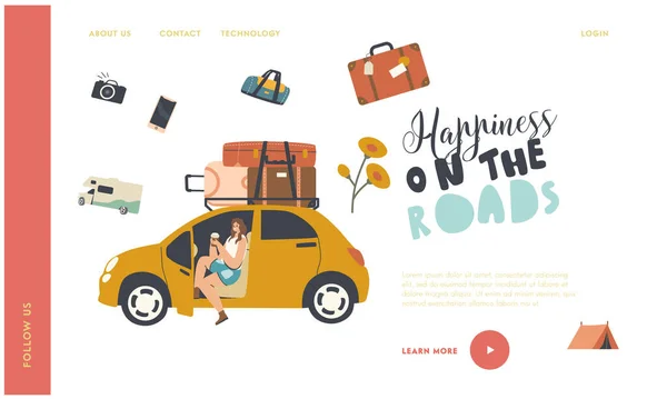 Car Travel, Journey, Adventure Landing Page Sablon. Női karakter Igyon kávét Takeaway Cup Ülj autóba — Stock Vector