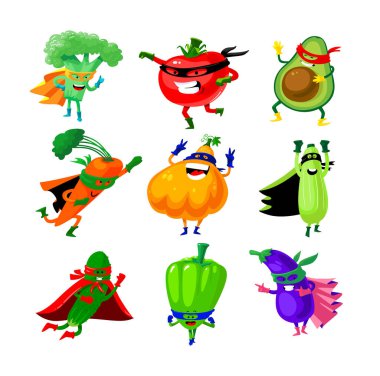 Sebzeler Süper Kahraman Kostümünde. Komik sebzeli brokoli, domates ve havuçlu avokado. Balkabağı ve Kabak