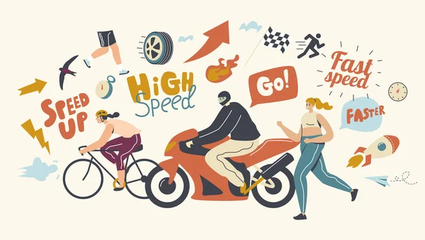Концепция скорости. Мужчина Женские персонажи Езда на велосипеде и мотоцикле, работает быстро. Мотокросс, ралли и расовые соревнования — стоковый вектор