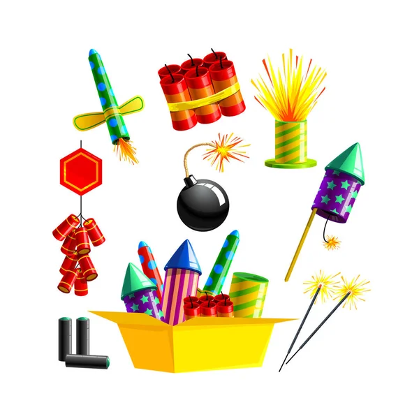 Set Pyrotechnics and Fireworks. Rocket and Flapper with Bomb with Burning Wick. Firework for Birthday Party Celebration — Stock Vector