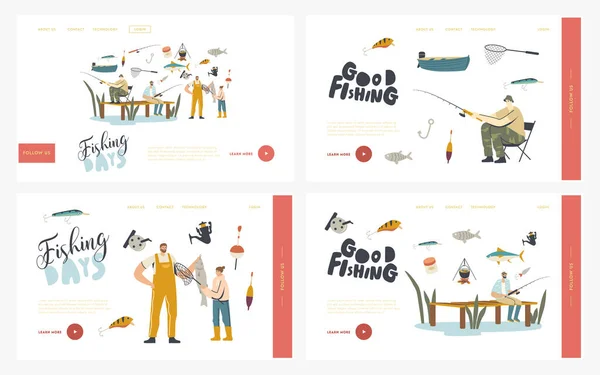 Characters Fishing Hobby Landing Page Template Set. Fishermen Having Good Catch. Father with Daughter Catching Fish — Stock Vector