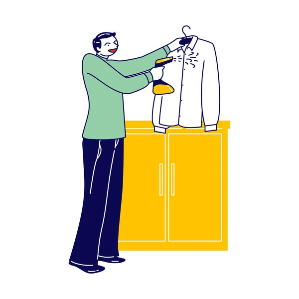 Ανδρικός χαρακτήρας Χρησιμοποιήστε ατμόπλοιο σιδήρου για τον καθαρισμό ρούχων Stand στο σαλόνι. Ανδρική οικιακή δραστηριότητα, Home Chores, Ρουτίνα — Διανυσματικό Αρχείο