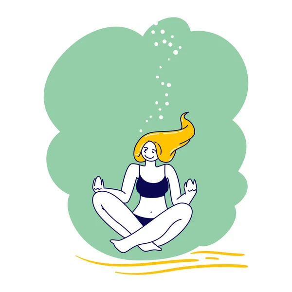 Δωρεάν καταδυτική δραστηριότητα. Χαλαρωμένη κοπέλα που διαλογίζεται στο Lotus Posture στον βυθό του ωκεανού. Γυναίκα Freediver Χαλαρώστε στο εξωτικό θέρετρο — Διανυσματικό Αρχείο