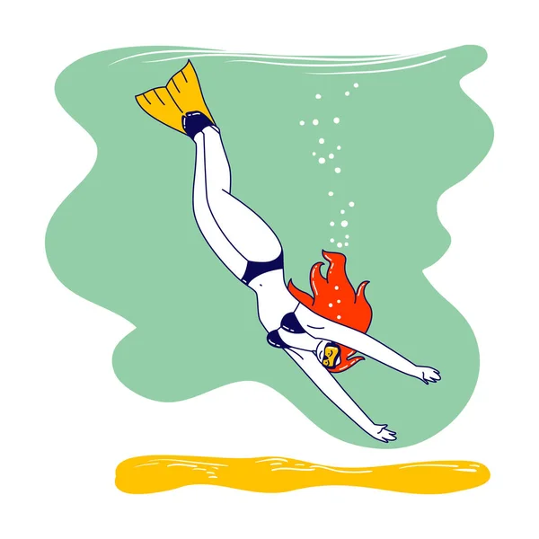 Jeune personnage féminin Plongez dans l'océan. Plongée libre Loisirs sous-marins, activités de plongée libre. Femme Freediver Relaxant — Image vectorielle