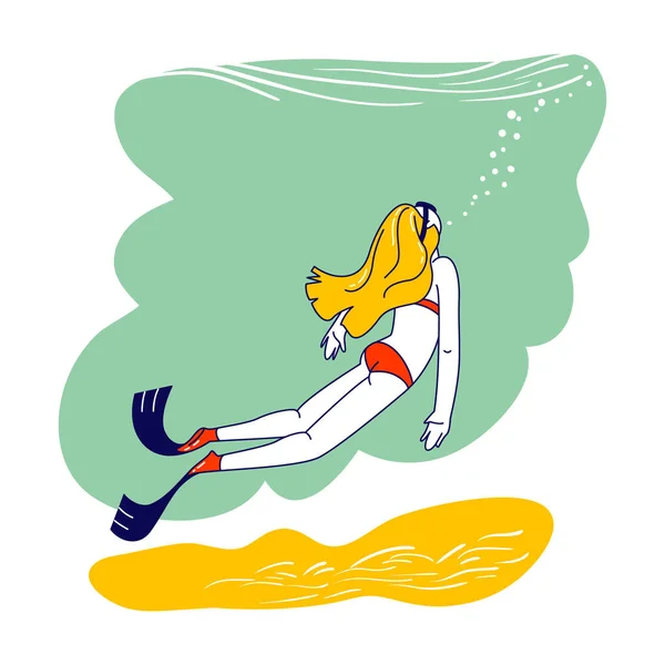 Kobieta Freediver Relaks na egzotycznym ośrodku Nurkowanie z maską i Fins. Dziewczyna badająca dno morza. Hobby do nurkowania za darmo — Wektor stockowy