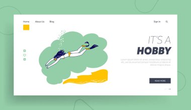 Denizin dibini keşfeden kız iniş sayfası şablonu. Kadın Freediver Maske ve Yüzgeçlerle Egzotik Snorkelle Şnorkelleniyor