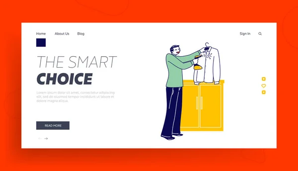 Haushaltsgerät für Dampfende Kleiderpflege Landing Page Template. Männliche Charaktere verwenden Dampfbügeleisen für die Kleiderreinigung — Stockvektor