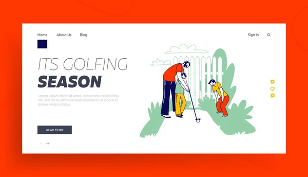 Pai ensinando crianças jogando Golf Landing Page Template. Personagens da família feliz pai com filhos Jogue no jardim da casa —  Vetores de Stock