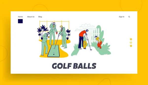 Golf in Office Landing Page Template. Uomini rispettabili in giacca e cravatta che giocano con i colleghi. Padre e figli giocano — Vettoriale Stock