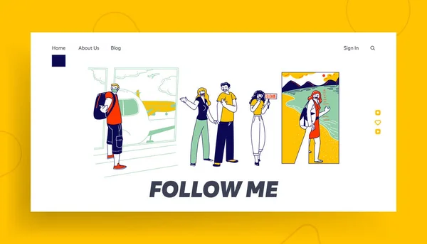 Follow Me Gesture Landing Page Template. Personaggi Allungamento della mano Sorridente Donna Tenere la mano Vista in prima persona — Vettoriale Stock