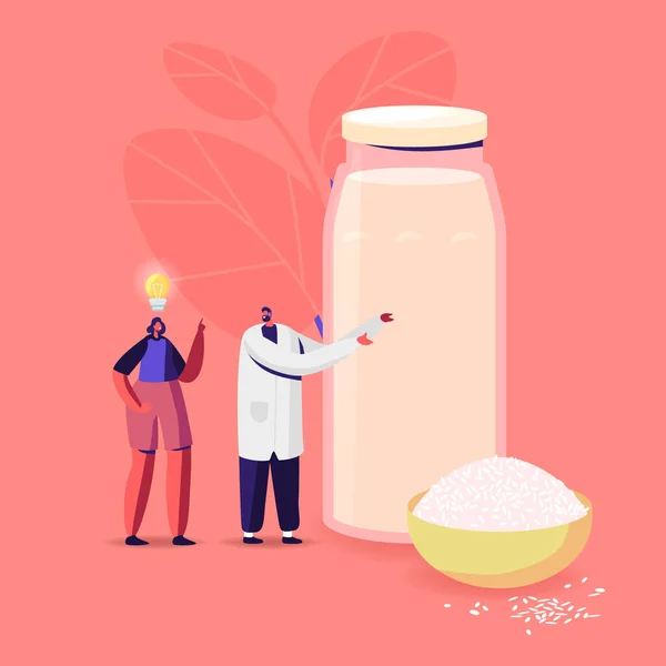 Oferta médica para el personaje del paciente Bebida de leche sin lácteos de arroz para una alimentación y una dieta saludables. Bebidas alternativas — Archivo Imágenes Vectoriales