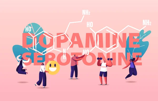 Dopamina, conceito da serotonina. Pessoas desfrutando da vida por causa da produção de hormônios no Organismo. Personagens Esportes Exercício — Vetor de Stock