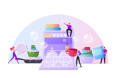 Küçük Karakterler Mutfak Malzemelerini Birlikte Yıkarken Tabakları Büyük Bulaşık Makinesine Koy. Mutfakta Mutlu İnsanlar Kirli Bulaşıkları Yıkar