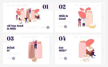 Vegan Süt İniş Sayfa Şablonu Ayarlandı. Fındık, yulaf ezmesi, pirinç ve soya soslu süt içmeyen küçük karakterler.