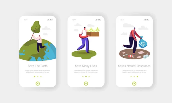 Volontari Salvataggio Terra Natura Mobile App Pagina a bordo Schermo Template. Riscaldamento globale, Cura dell'ambiente, Giorno della Terra — Vettoriale Stock