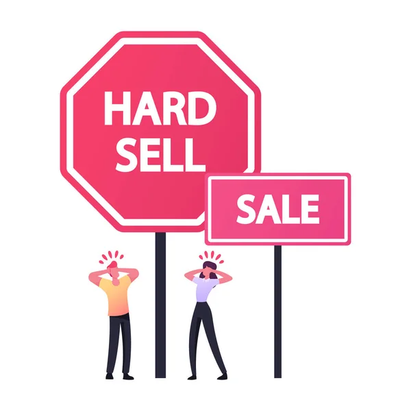 Kleine mannelijke en vrouwelijke personages hebben last van opdringerige adware stand bij enorme moeilijk te verkopen en te koop Promo Advertentie Banner — Stockvector