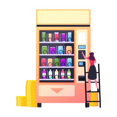 Fast food satmak için perakende teknolojisi. Yiyecek otomatı konsepti. Tiny Female Karakteri Atıştırmalık Para Koyuyor