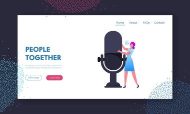 İş Konferansı, Çevrimiçi Toplantı veya Politik Tartışmalar Konsept İniş Sayfa Şablonu. Mikrofonda Kadın Konuşması