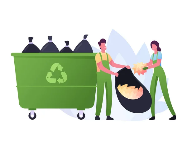 Volunteer Characters Cleaning Garbage or Fallen Leaves at House yard or City Park Area. Volunteering, Collecting Trash — Stock Vector