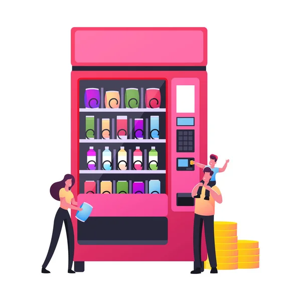 Personajes pequeños Comprar Snacks en la máquina expendedora. Hijo Sentado en los Hombros del Padre Ponga Moneda en Automatizar la Compra de Comida Rápida — Archivo Imágenes Vectoriales