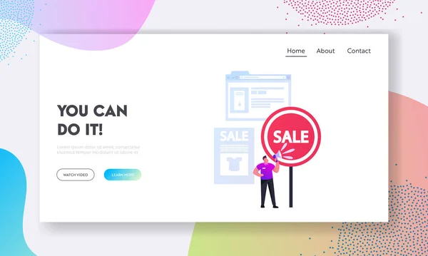 Shopping Promotie, Aankondiging, Reclame Promo Landing Page Template. Promoter karakter huilen om luidspreker — Stockvector