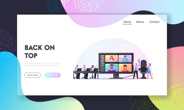 Webcam Conferentie met collega 's op Computer Landing Page Template. Bedrijfskarakters, Medewerkers spreken op Video Call — Stockvector