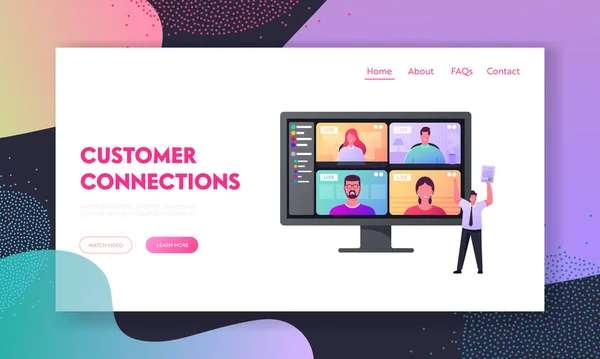 Online Briefing Landing Page Mall. Webbkamera konferens med medarbetare på dator. Affärsmän Tala på videosamtal — Stock vektor