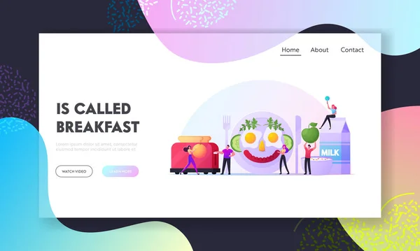 Fun Frühstück Landing Page Template. Charaktere Kochen Lustige Mahlzeit aussehen wie ein lächelndes menschliches Gesicht aus Fried Eggs — Stockvektor