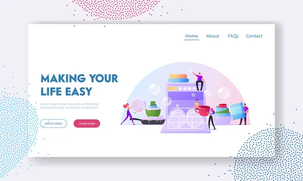 Tiny Characters Wash Köksredskap tillsammans sätta tallrikar till enorma diskmaskin Landning sida mall. Glada människor i köket — Stock vektor