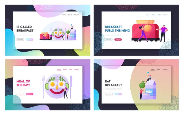 Fun Breakfast Landing Page Template Set. Персонажи, готовящие смешное блюдо, похожи на улыбающееся человеческое лицо, сделанное из жареных яиц — стоковый вектор