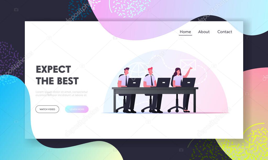 Remote Business Communication, Internet Technologies Landing Page Template. Characters Sit at Office Desk with Laptops