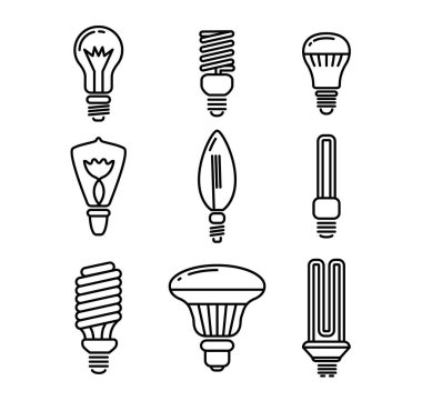 Çeşitli Şekil Simgelerinin Ampulleri Beyaz Arkaplanda İzole Edildi. Monokrom Fikir İşaretleri, Elektrik Lambaları Işıklandırma