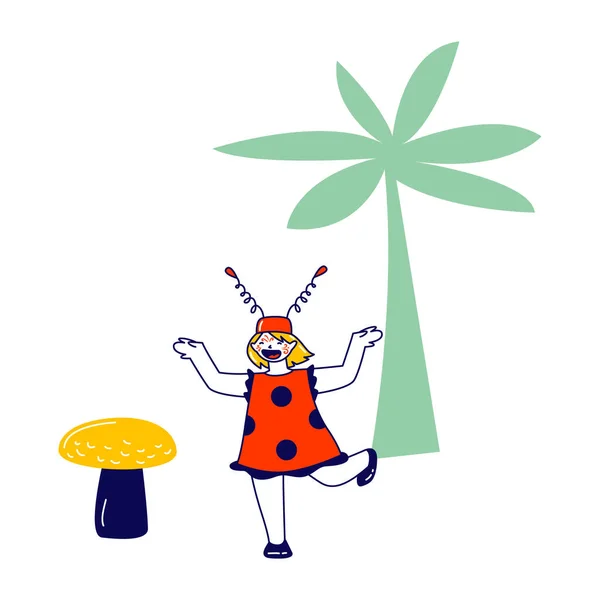 Little Playful Girl Personagem vestindo traje de joaninha com pintura no rosto jogando e enganando no parque de diversões —  Vetores de Stock