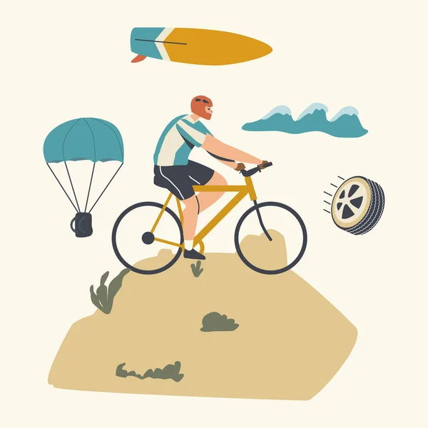 Bisikletçi Sporcu Karakteri Miğferli Bisiklet, Açık Hava Yazı Ekstremi. Bisiklet Aktif Spor ve Sağlıklı Yaşam Tarzı — Stok Vektör
