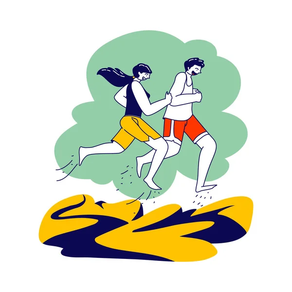 Attività sportive all'aria aperta estive, coppia che corre sulla spiaggia. Jogging e sport Stile di vita sano Allenamento sulla spiaggia sul mare — Vettoriale Stock