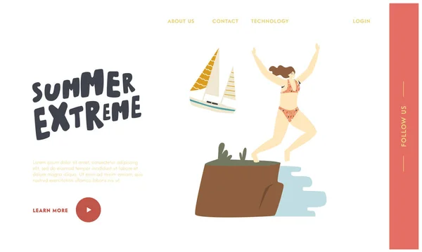 Summer Extreme Landing Page Template. Buon personaggio femminile che salta dal bordo della scogliera all'oceano, festa in spiaggia — Vettoriale Stock