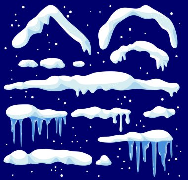 Kar şapkaları seti, kartopları ve kar yığınları. Kış Karlı Dekorasyonu, Tasarım Elementleri. Çatı iskeleti ve buz saçakları.