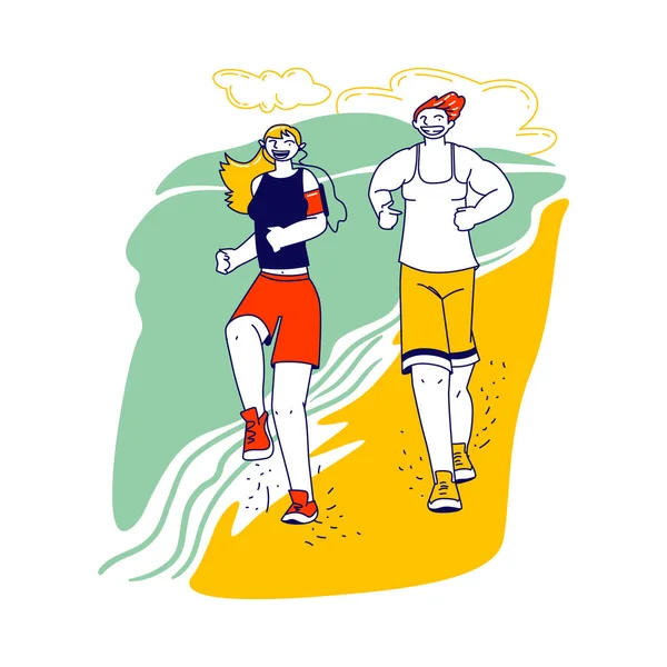 Happy Couple Man and Woman in Sports Wear and Sneakers Running Along Sandy Beach Seaside Характери бігу та спорту — стоковий вектор