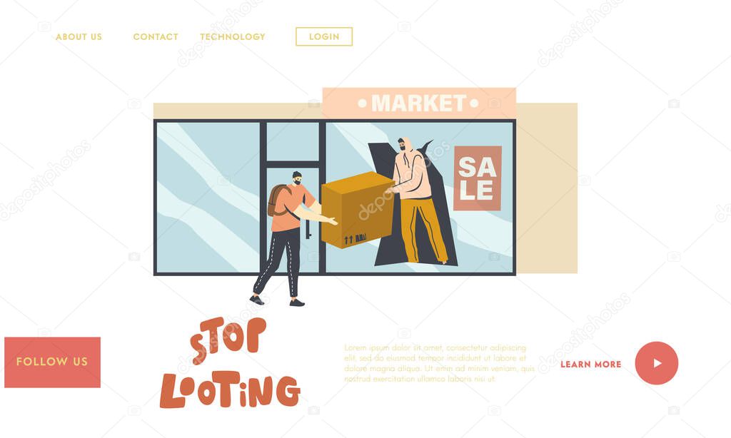 Aggressive Masked Male Characters Looting Landing Page Template. Masked Looters Stealing Goods through Broken Showcase
