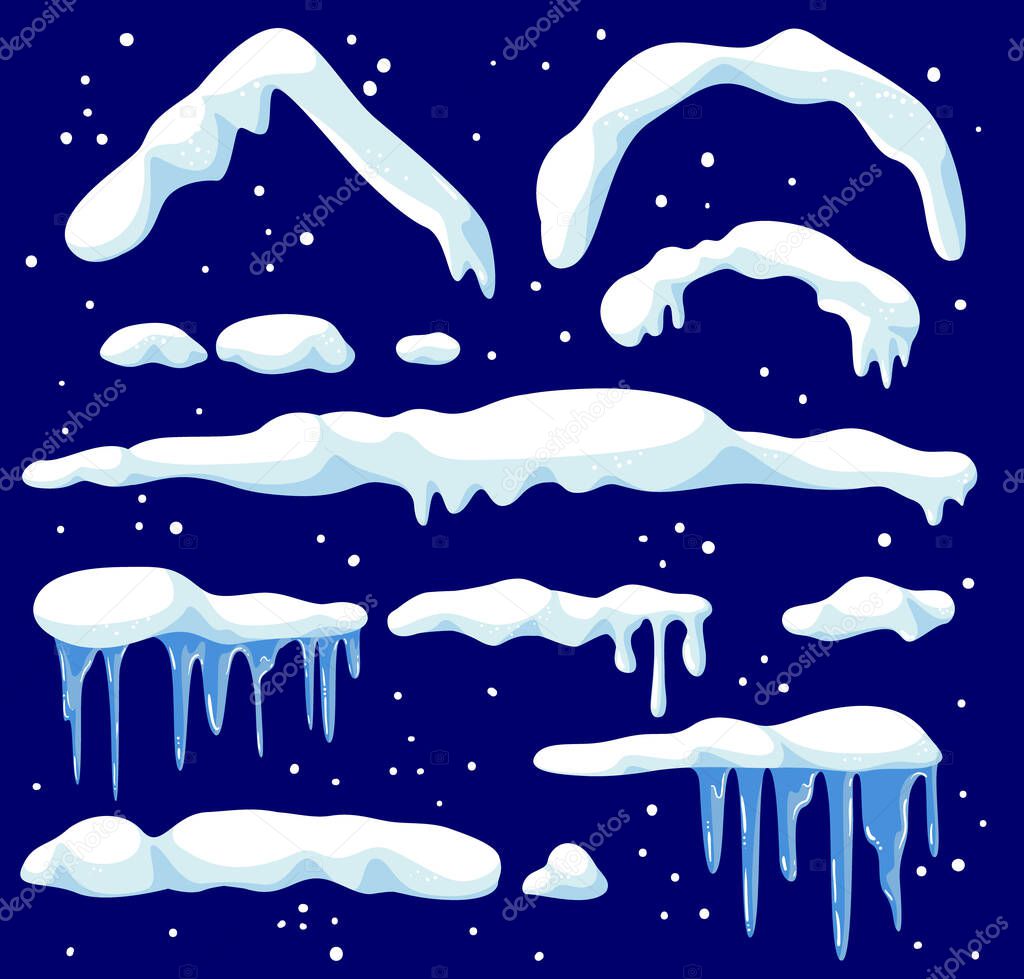 Snow Caps Icons Set, Snowballs and Snowdrifts Collection. Winter Snowy Decoration, Design Elements Isolated on Blue Background. Round and Triangle Roof Framing and Icicles. Cartoon Vector Illustration