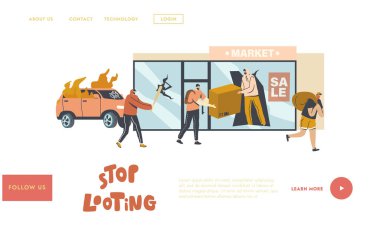 Stop Looting Landing Page Template. Aggressive Masked Male Characters Breaking Store Showcase for Steeling Goods clipart