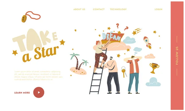 Sigue Dream Landing Page Template. Los personajes suben a la nube, imaginan éxito y riqueza. Personas tomando la estrella — Vector de stock