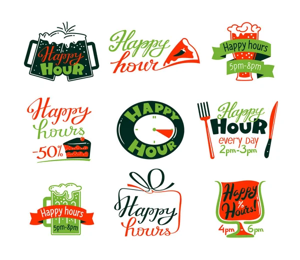 Happy Hour Icons Set, Discount Special Offer for Cafe or Restaurant Visitors, Promo Labels with Beer Mug, Cake and Clock — Stock Vector