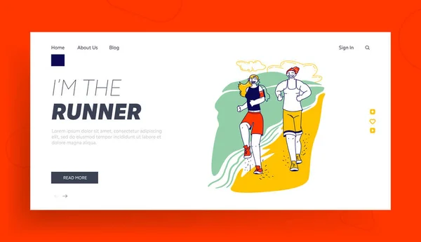 Personaggi Summertime Sport Attività Landing Page Template. Felice coppia in abbigliamento sportivo e scarpe da ginnastica che corrono lungo la spiaggia — Vettoriale Stock