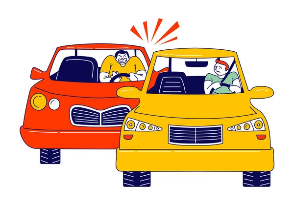 Accidente de coche o conflicto en la carretera, los conductores discuten y señalan sentados en sus automóviles. Situación del tráfico urbano — Vector de stock