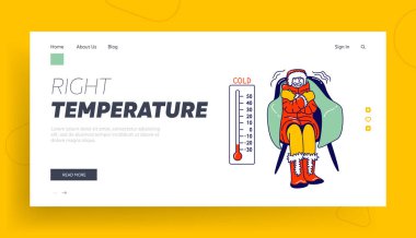 Soğuk Hava, Freeze Landing Page Şablonu. Dondurucu Kadın Karakteri Sıcak Kış Kıyafetlerine Sarılı, Kol Sandalyesine Otur