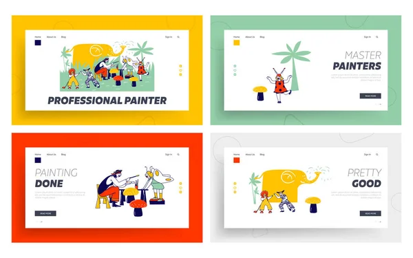 Kinderen Face Painting Landing Page Template Set. Animator karakter dragen piraat kostuum verf op kinderen gezichten — Stockvector