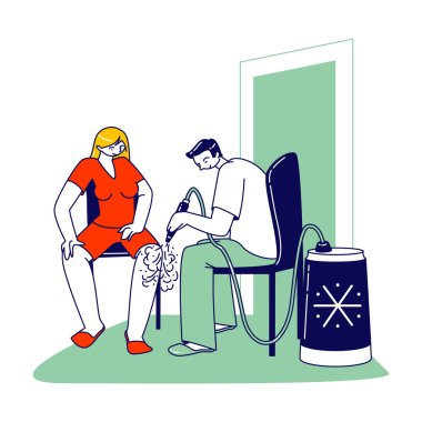 Kozmetik Kliniğinde Azotla Kadın Bacakları İşleyen Doktor. Kadın Karakteri Kriyoterapi Sağlık Prosedürü Uygula